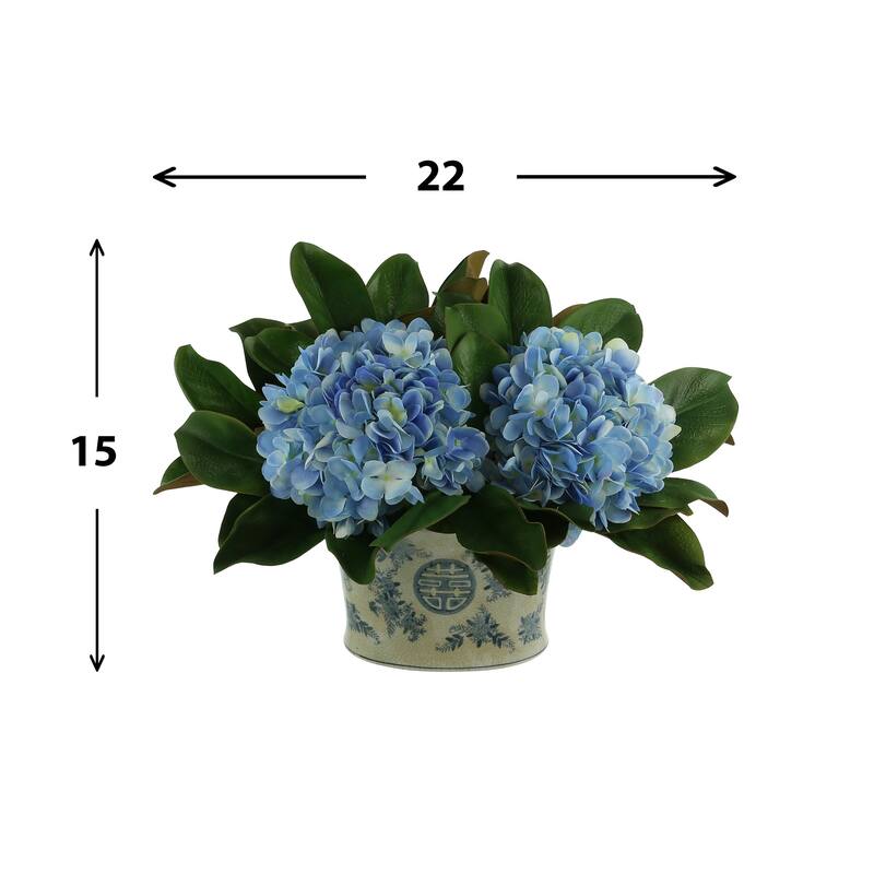 Hydrangea and Magnolia Leaf Arrangement in a Decorative Ceramic Pot - Blue, White, Green