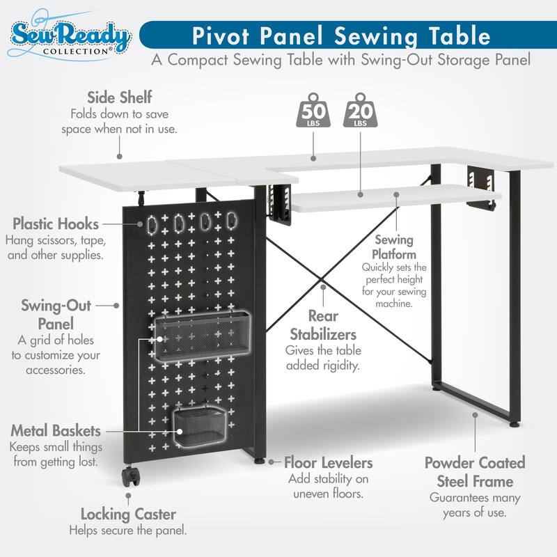 Sew Ready Pivot Sewing Table with Folding Top Adjustable Platform and Storage Peg Panel