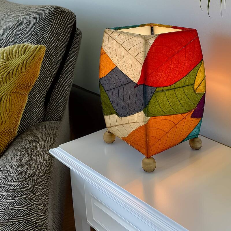 Handmade Mini Square Cocoa Leaf Table Lamp, Cocoa Leaves Shade, 6 x 6 x 9 in.