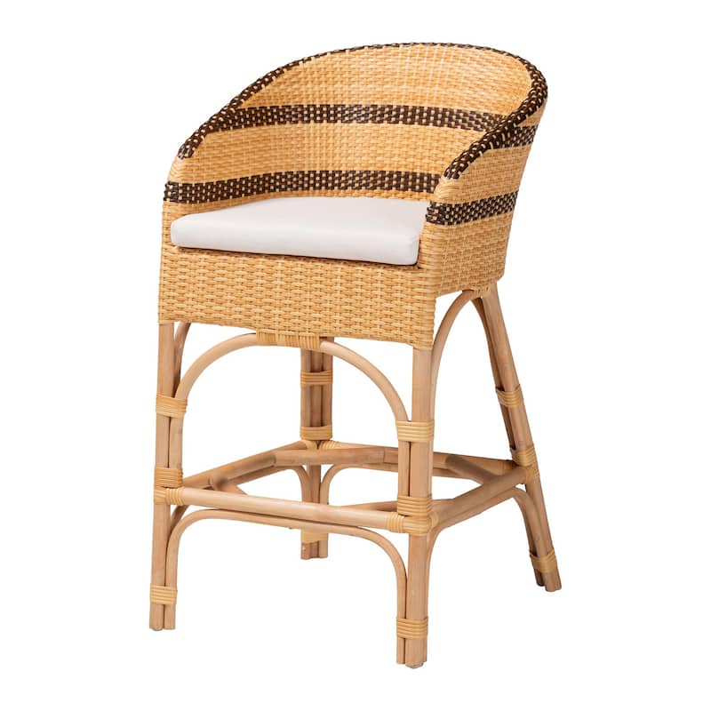 Elma Rattan Counter Stool with Cushion - Barrel-Back Counter Chair with Synthetic and Natural Rattan, Boho Coastal Style - Natural Brown