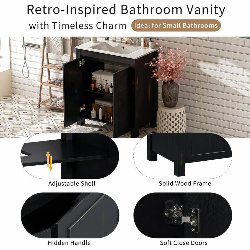 Vintage Style Bathroom Vanity Combo with Ceramic Sink and 2 Soft-close Doors