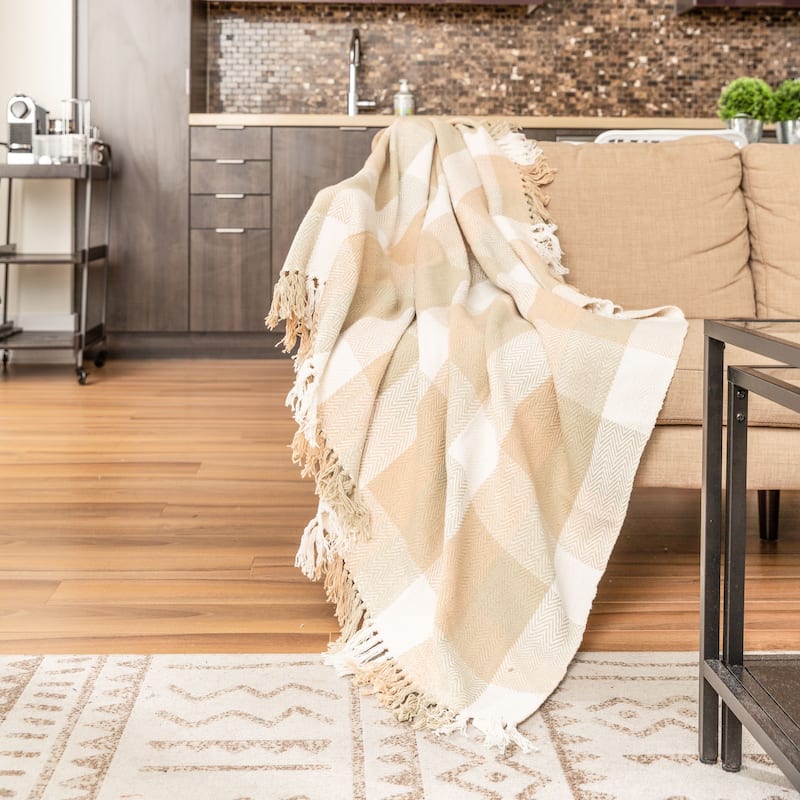 Fabstyles Herringbone Checkered Cotton Throw Blanket with Fringes