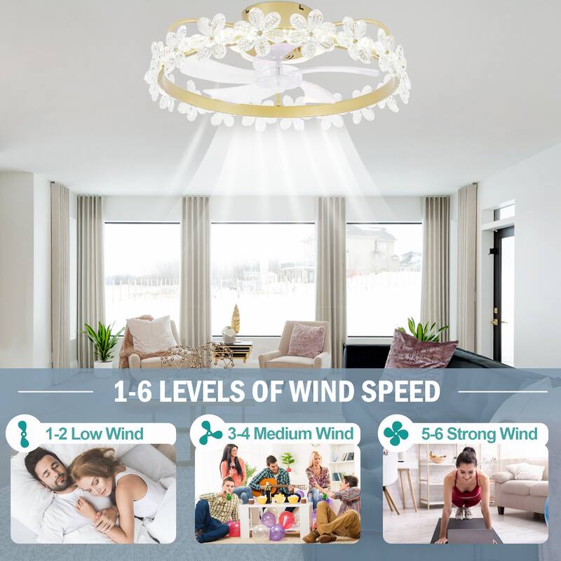 Oaks Aura 21in. Modern Smart App Control Daisy Crystal Low Profile Ceiling Fan With Light, Flush Mount Ceiling Fan for Bedroom