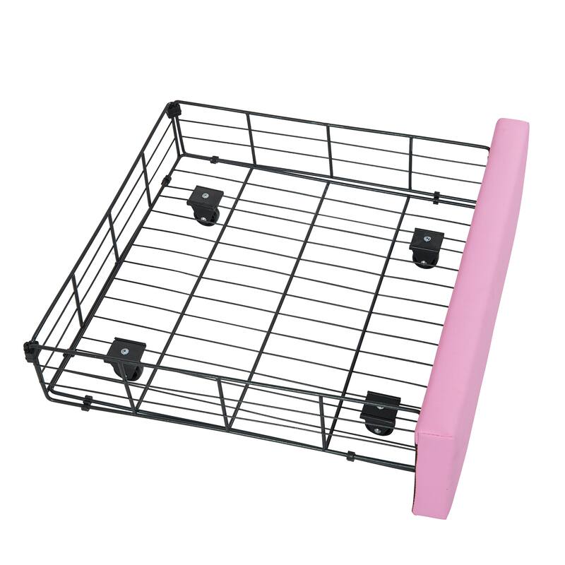 Twin Size Upholstered Bed Frame with LED Lights, Crown Headboard, and Drawer in Pink and White