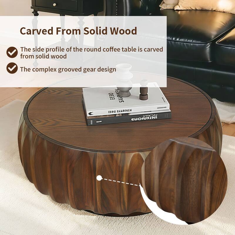 Elegant Round Solid Wood Coffee Table – Hand-Carved Sculptural Design‌
