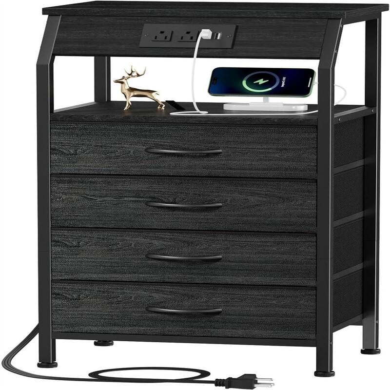 Night Stand with Charging Station Small Bedside Table with Wood Shelf