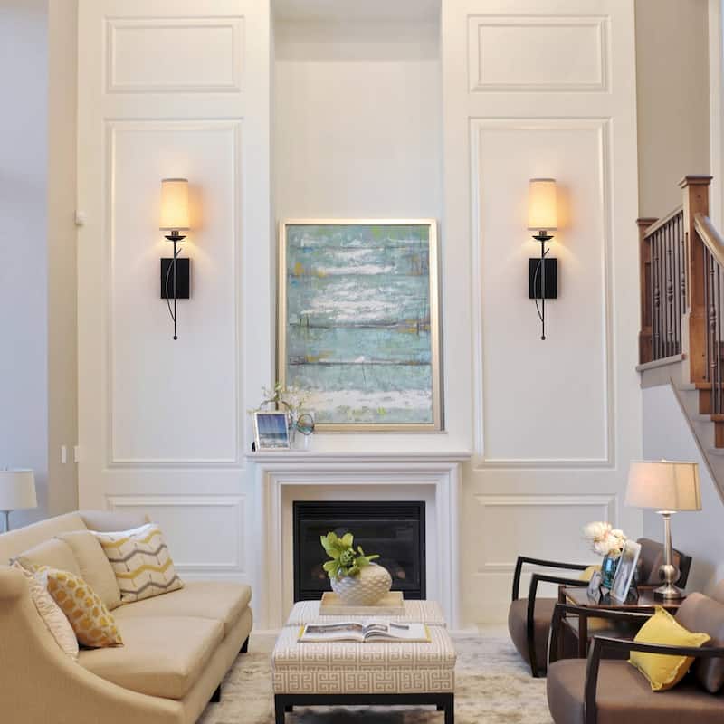 1-Light Matte Black Metal Wall Sconce Cone-Shaped Beige Linen Shade