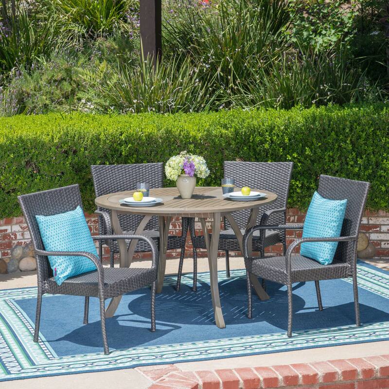 Collins Outdoor 5 Piece Acacia Wood and Wicker Dining Set by Christopher Knight Home - Grey