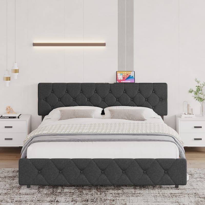 Bed Frame with USB Ports - dark gray - Queen