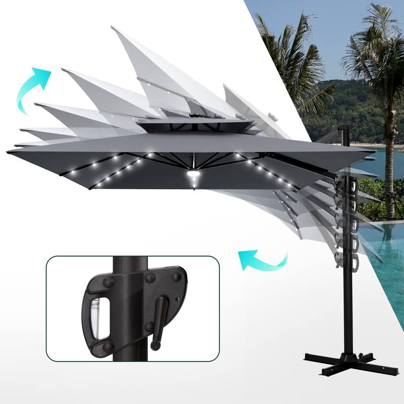 VredHom 9 x 11ft Outdoor Rectangular Dual Top Cantilever Patio Umbrella LED Light with Weights Base