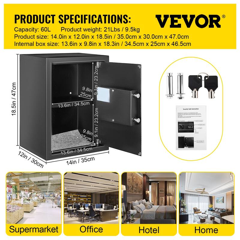 VEVOR Biometric Safe Box 2.1 Cu.Ft. Fingerprint Keyboard Security Home Office Hotel