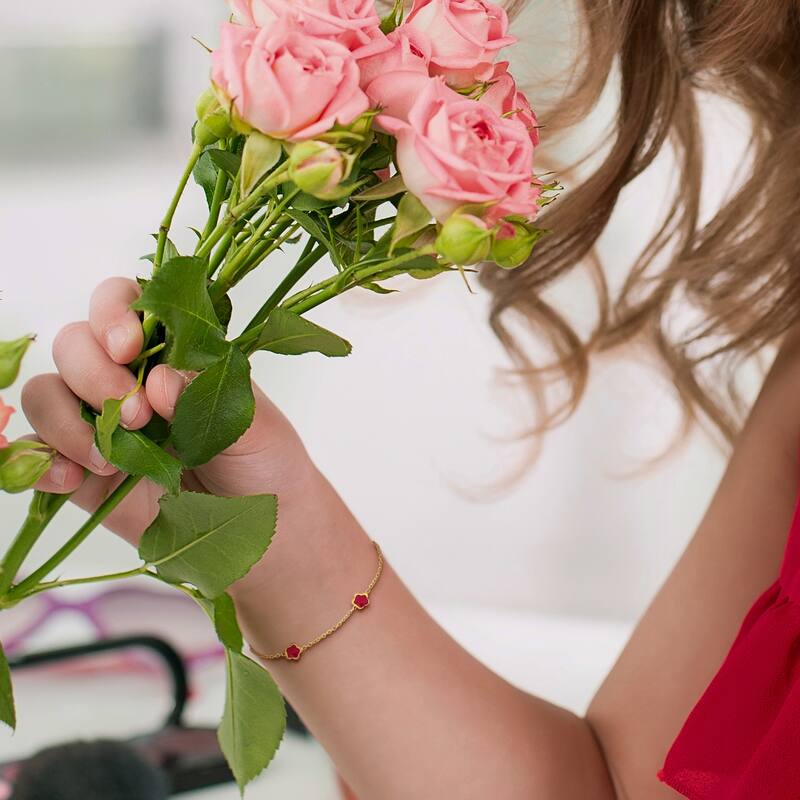 Miadora Red Enamel Flower Station Bracelet 14K Yellow Gold