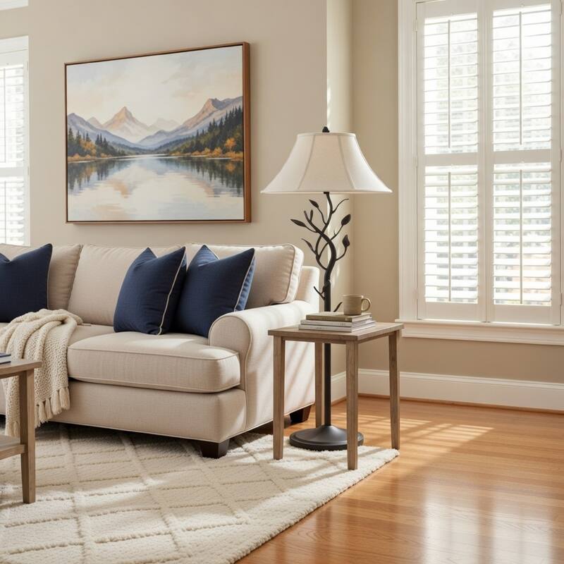 Metal Floor Lamp with Leaf Accent Body and Fabric Bell Shade,Black and Gray