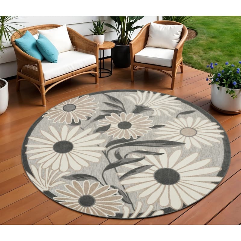 Allot Botanic Elegance Sun-Resistant Colors Trendy Modern Round Outdoor Rug - 8' Round - 8' Round - Beige