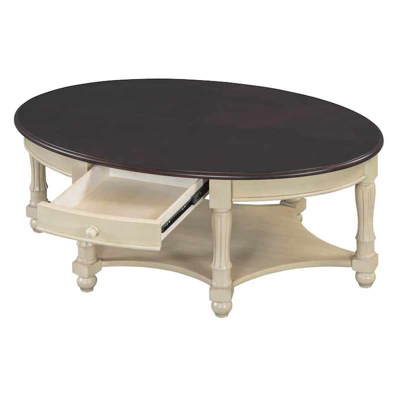 French Country Style Coffee Table Vintage Oval Coffee Table with Drawers and Storage Shelves, for Living Room