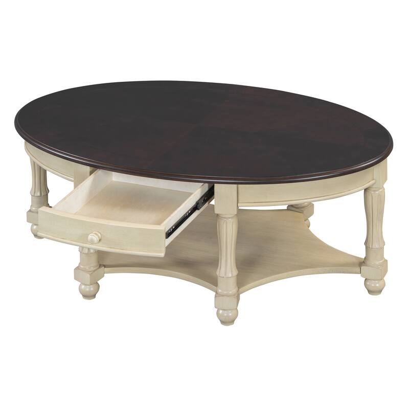 Vintage Oval Coffee Table with Drawer and Storage Shelf, Antique Cocktail Table in 45", Country Accent Table for Living Room