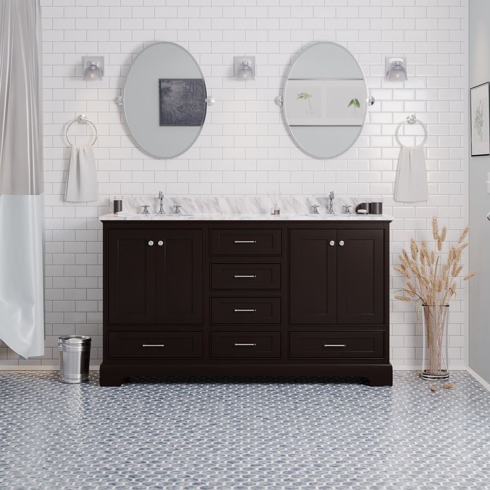 KitchenBathCollection Harper 60" Double Bathroom Vanity with Carrara Marble Top