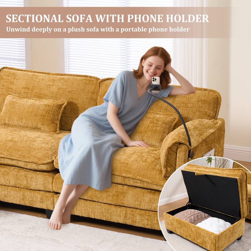 GALDWIN Chenille Upholstered L-shaped Modular Sectional Sleeper Sofa with Movable Storage Ottoman,USB&Type-C