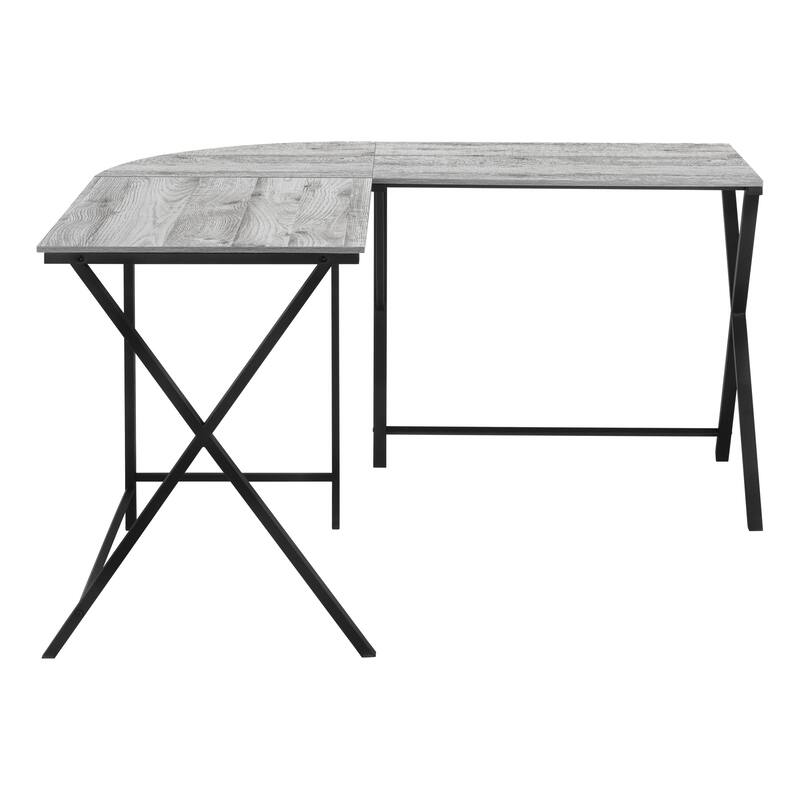 L-Shaped Computer Desk, 55" Grey Laminate, Black Metal, Corner Design, Modern Office
