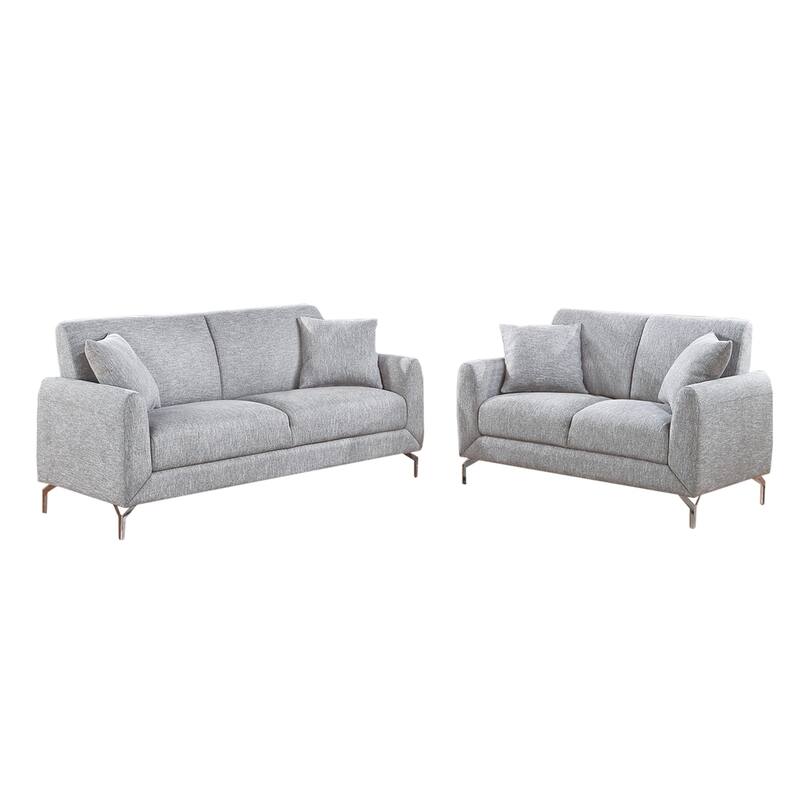 2 Piece Burlap-Like-Fabric Sofa Set with 2 Pillows - Light Gray/Chrome