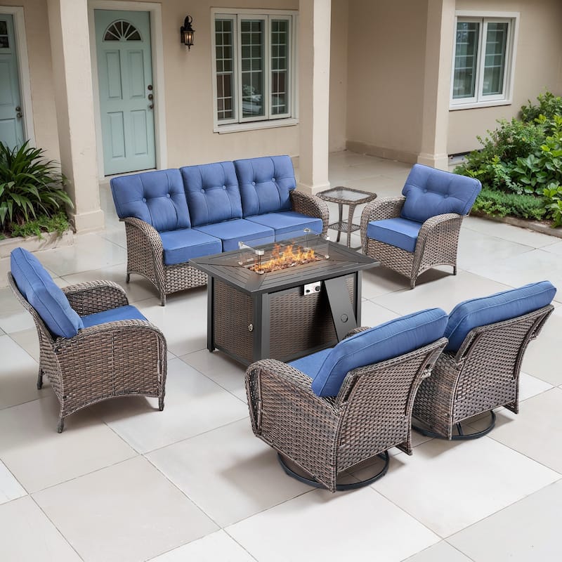 TWrap Wicker Patio Iron Fire Pit Conversation Set with 3-Seat Sofa & Swivel Gliders & Armchairs