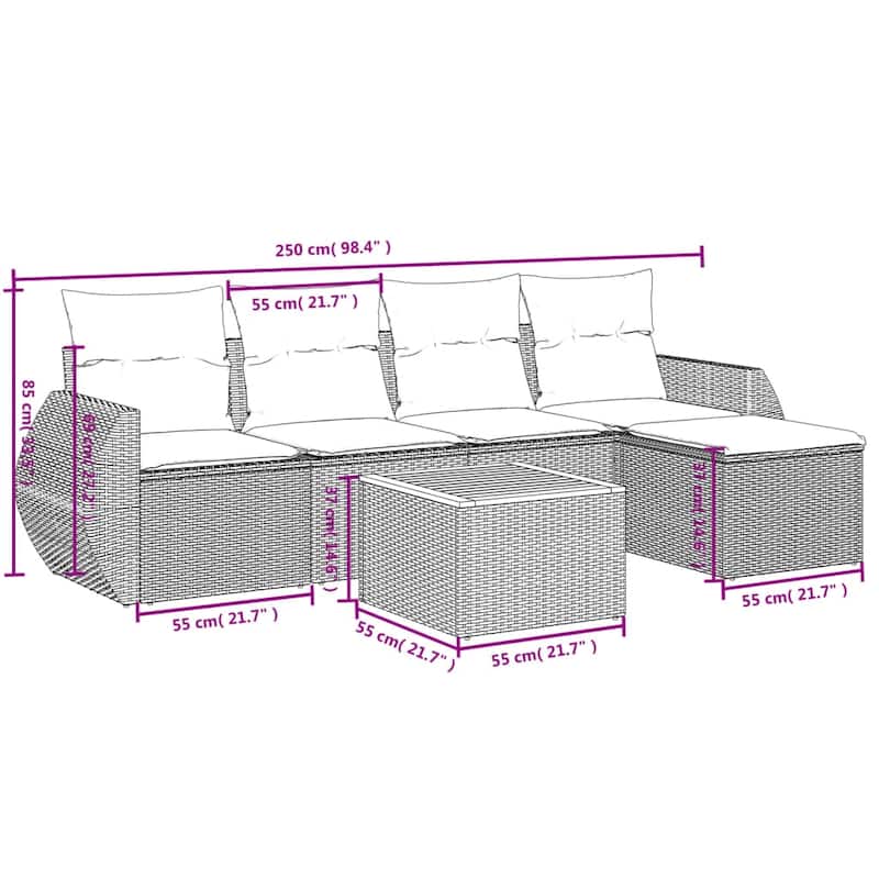 vidaXL Patio Sofa Set with Cushions Outdoor Furniture 6 Piece Poly Rattan - 21.7 x 24.4 x 27.2