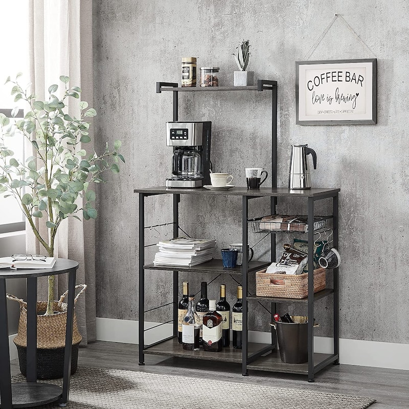 Kitchen Microwave Oven Stand Shelf with Wire Basket and 6 S-Hooks - 35.4"L x 15.7"W x 52"H