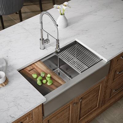 407L-LEDGE-ENS Double Bowl Stainless Steel Apron Workstation Sink Ensemble