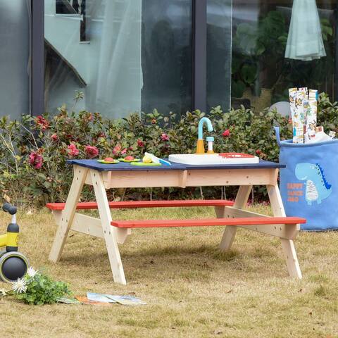 Outsunny Kids Picnic Table Set with Wooden Bench & Sandbox Kitchen Toys Faucet Water Pump 37" x 35" x 20" - 37" x 35" x 20"