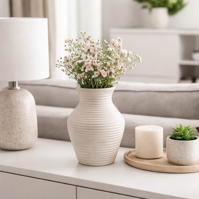 Sculptural Ribbed Paper Mache Table Vase - Stylish Tall Flower Vase - 10.0"