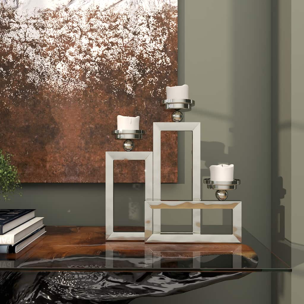 Silver Stainless Steel Metal Open Frame Geometric Candelabra with Overlapping Rectangles