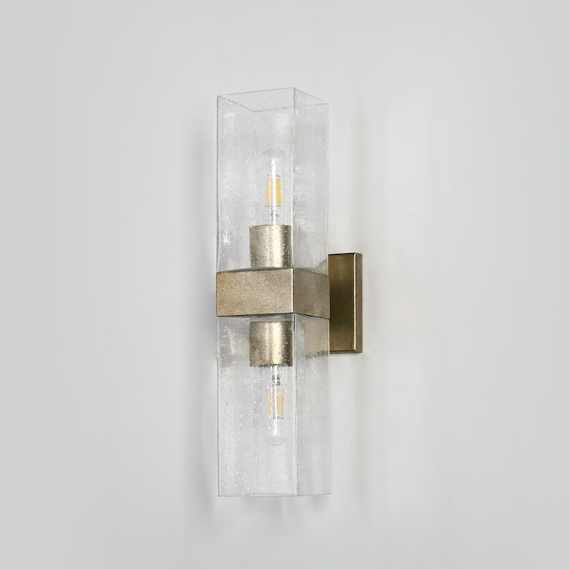 Modern Silver 2-Light Rectangular Reversible Sconce Seeded Glass Corner Light - L 18" x W 3.9"