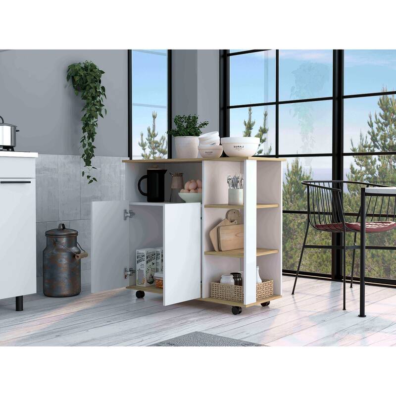 Compact Kitchen Island Kamkacht, Light Oak / White, 1 Cabinet, 4 Shelves, Locking Casters for Stability