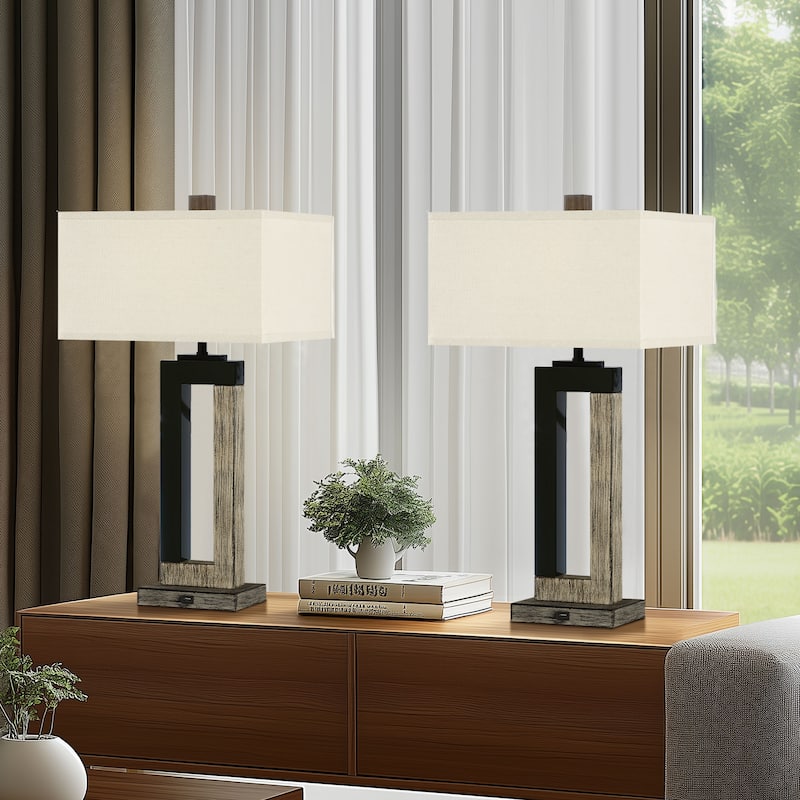 Rectangle Wood USB Table Lamps Set of 2 - Barn Wood