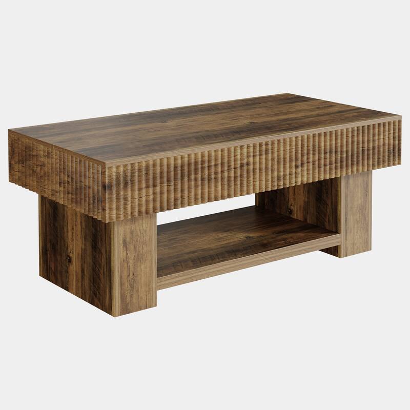 Large Wood Coffee Table with Storage, Farmhouse Rectangular Center Table with Open Shelf for Living Room