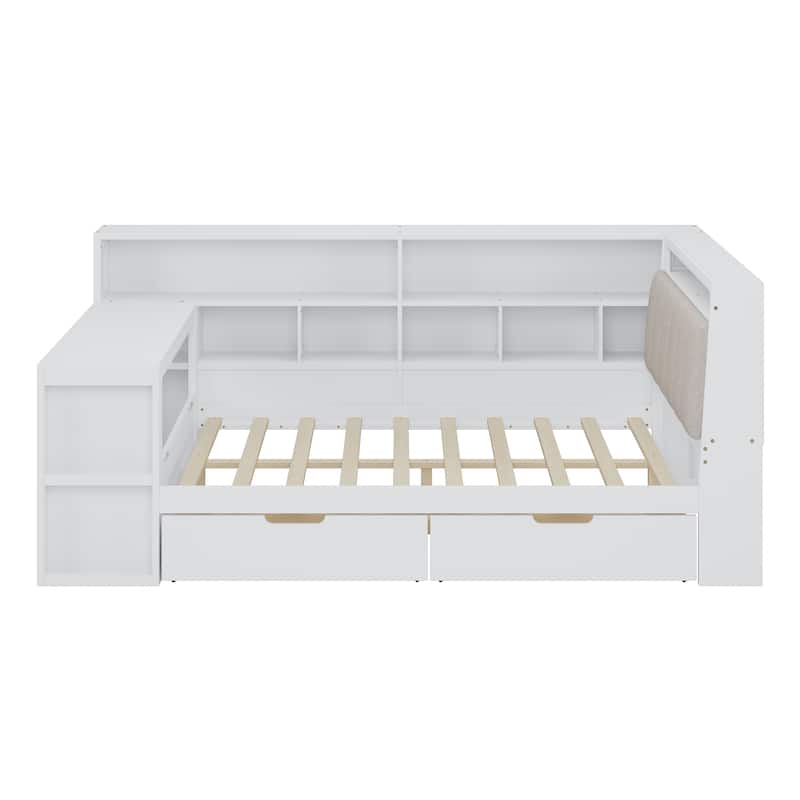 Wood Daybed L-shaped Bookcase Bed with Under-Bed Drawers and Side Bookshelf, Platform Daybed with Desk and Padded Headboard