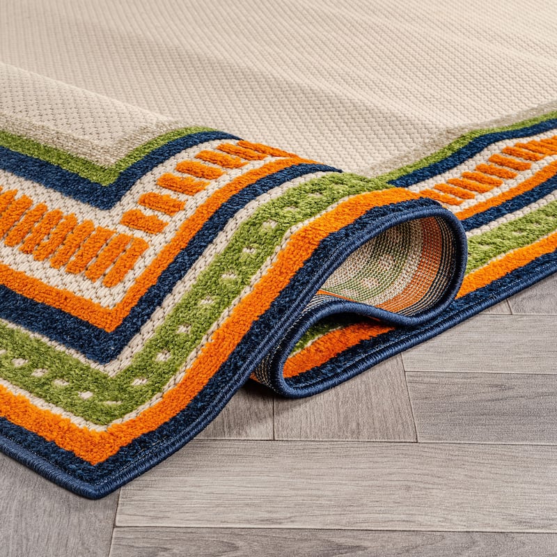 World Rug Gallery Indoor/Outdoor High-Low Textured Area Rug, Coastal Border Easy-Clean Patio Rug