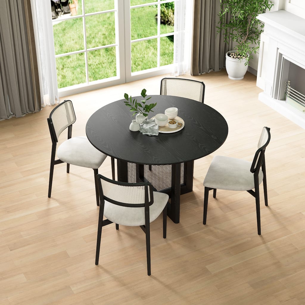 Farmhouse Kitchen Dining Room Table Furniture Round Kitchen Table with Rattan Woven Legs for Kitchen Bar Living Room