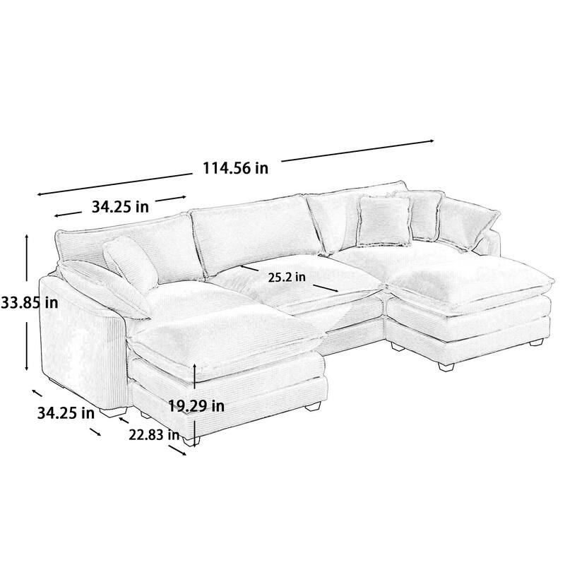 Corduroy U-Shape Modular Sofa with Ottomans, Convertible Corner Couch