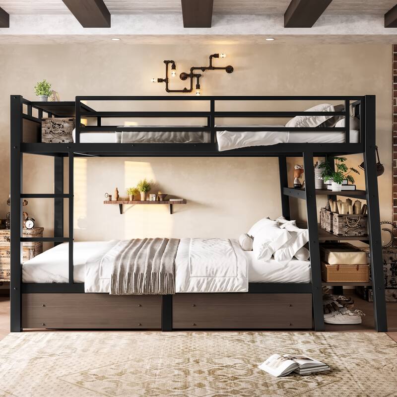 Metal Bunk Bed with Open Storage Shelves, Underbed Drawers and Built-in Desk with Charging Station for Guest Rooms or Dorms - Black - Full
