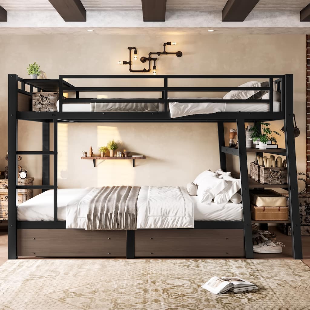 Metal Bunk Bed with Open Storage Shelves, Underbed Drawers and Built-in Desk with Charging Station for Guest Rooms or Dorms