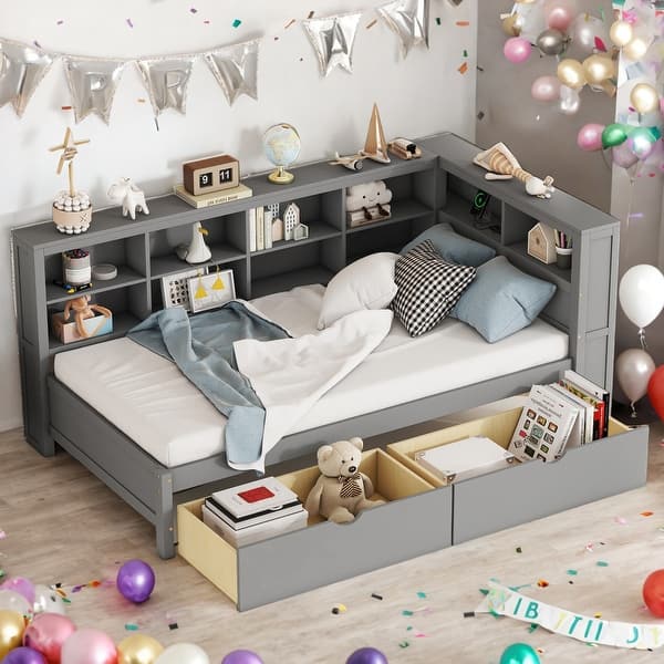 slide 2 of 18, Wooden Twin Size DayBed with 2 Drawers and USB Charging Ports, Grey Grey