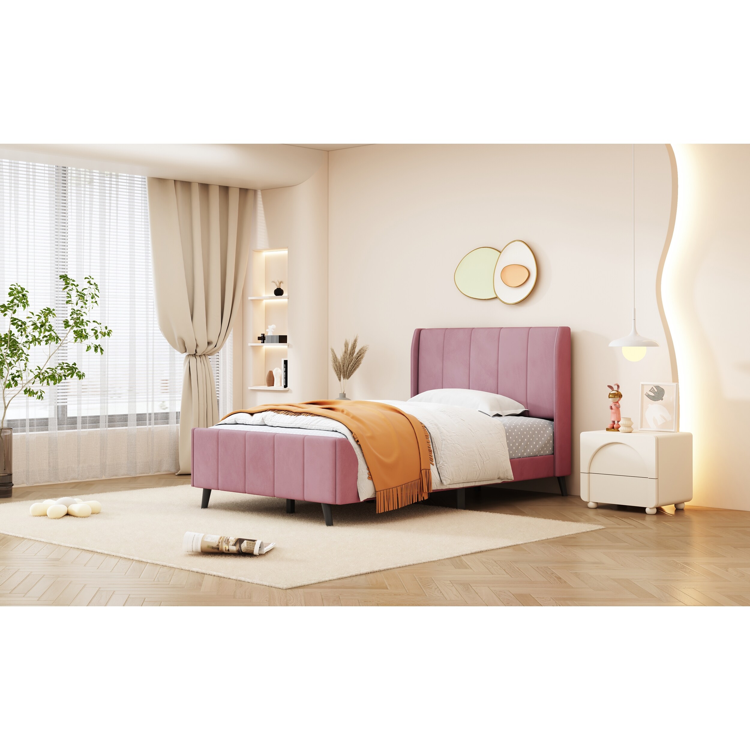 Twin Size Bed Frame Pink Velvet Upholstered Platform Bed Frames