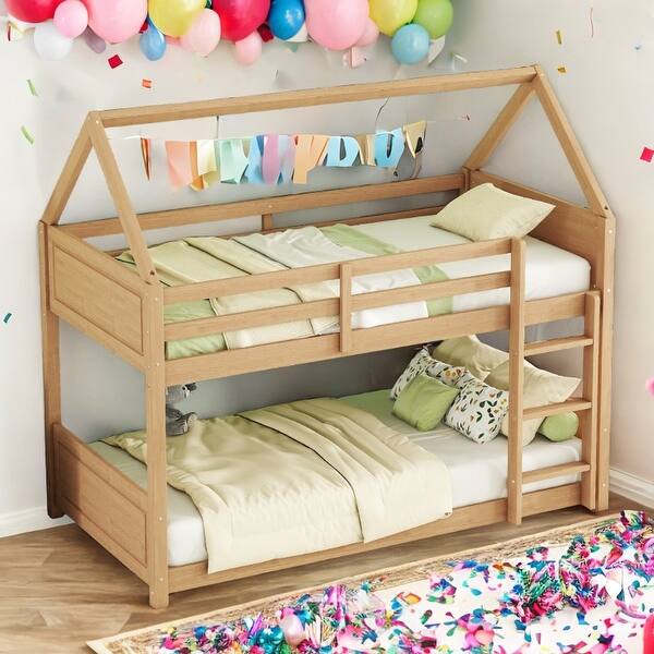 slide 2 of 42, Twin over Twin Wooden House-shaped Floor Bunk Bed with Ladder White Oak
