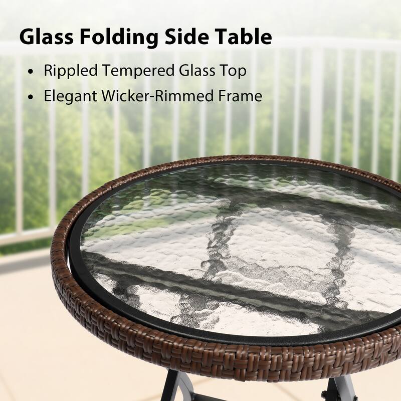 Outdoor Round Side Table with Tempered Glass Top, Foldable Metal Frame, Compact Patio, Balcony - 15.75" x 15.75" x 20.6"