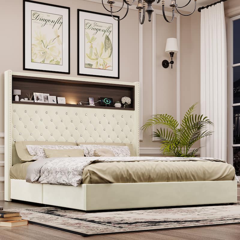 Velvet Tufted Wingback Bed Frame with Rivet Decoration Headboard Built-in Shelf USB Port and Night Light, Soft Platform Bed - Beige - Queen