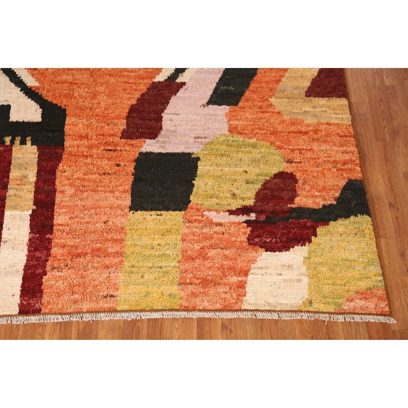 Geometric Moroccan Oriental Area Rug Orange Hand-Knotted Wool Carpet - 7'1" x 9'8"