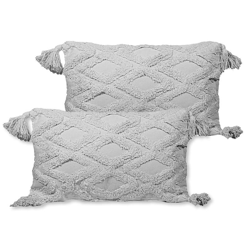Sol Living Decorative Accent Pillows Throw Pillow for Couch Bedroom Soft Cushions - 20 x 12 in - 2 Piece - Grey with Tassels - Set of 2
