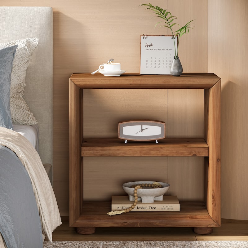 Solid Wood End Table with Storage Shelves, Bedside Nightstand, Living Room Bedroom Accent Side Table