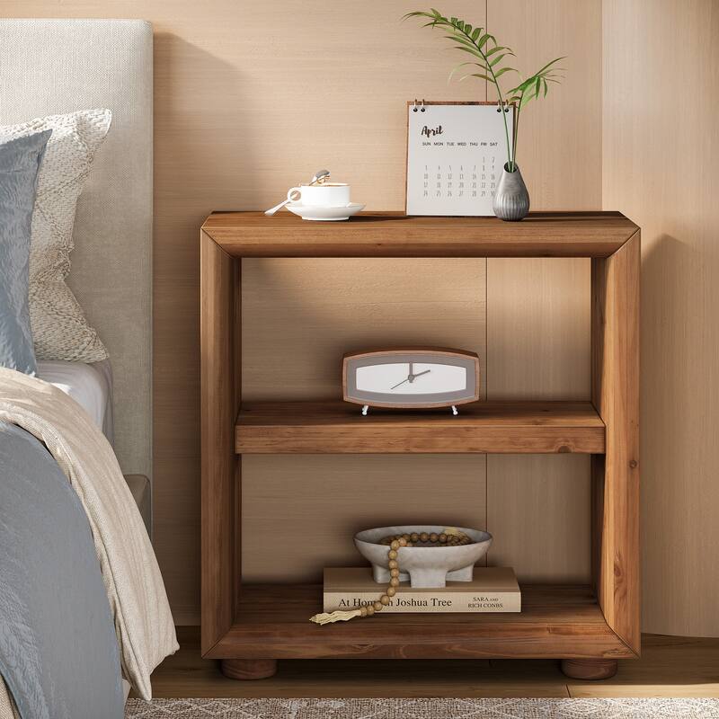 Solid Wood Side Table, Bedside Furniture with Storage Shelves